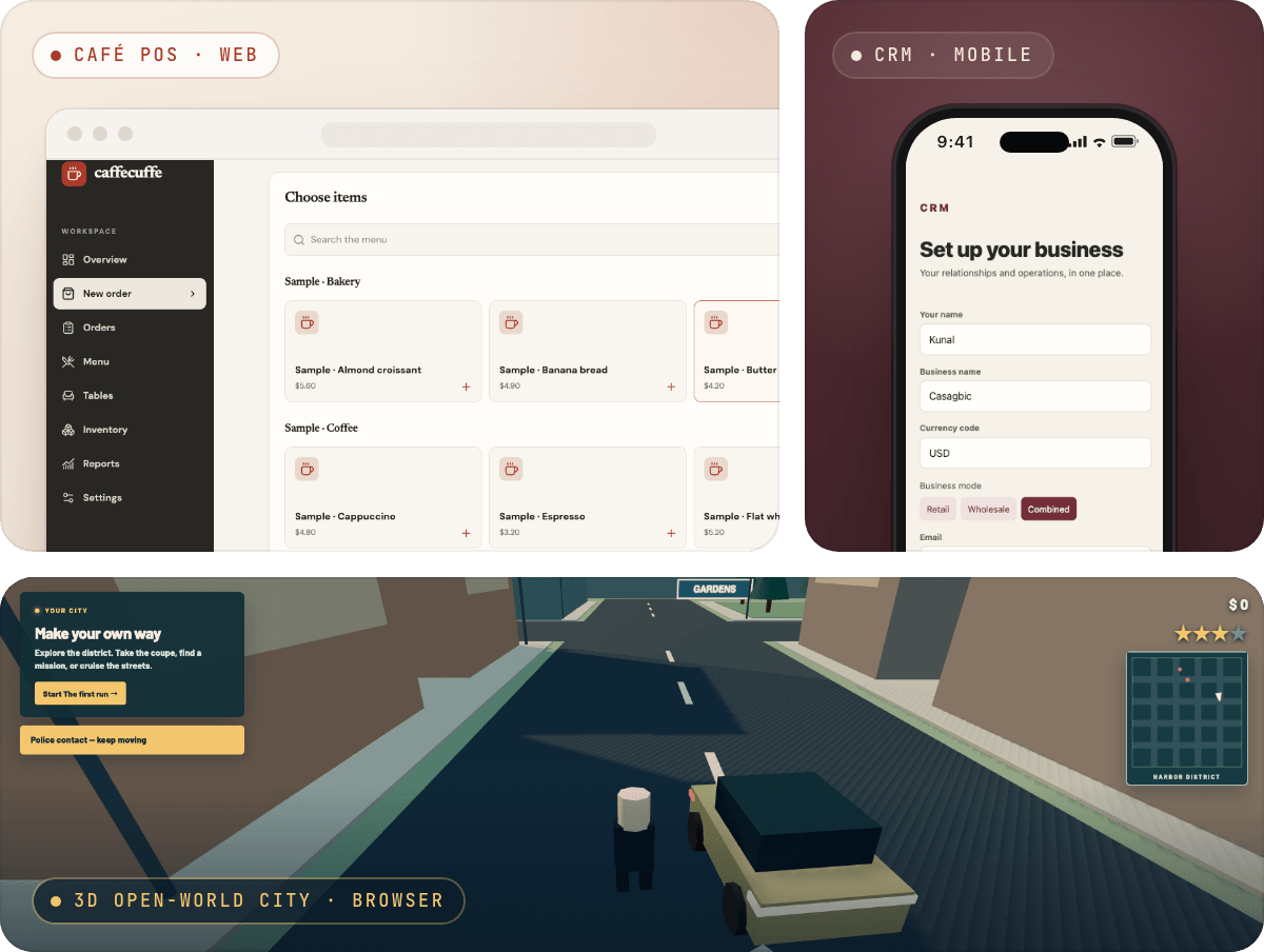 A café point-of-sale screen, a CRM onboarding screen and a 3D open-world city, each with its own look