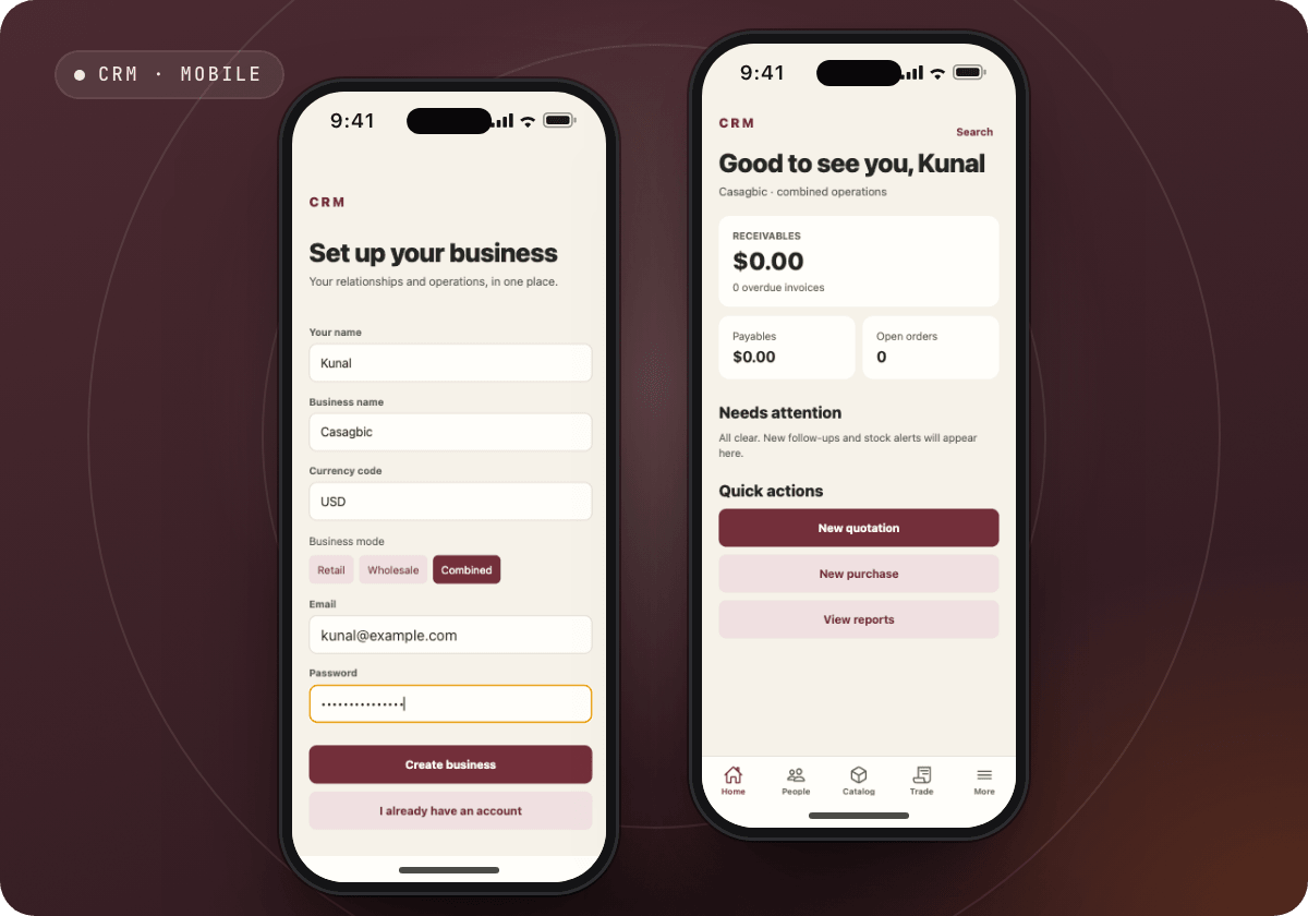 A CRM mobile app's onboarding and home screens