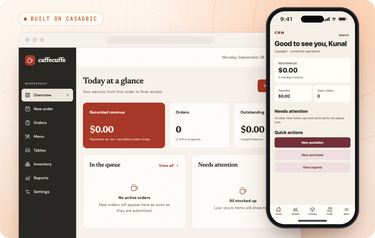 A café management web app and a CRM mobile app, both built on Casagbic